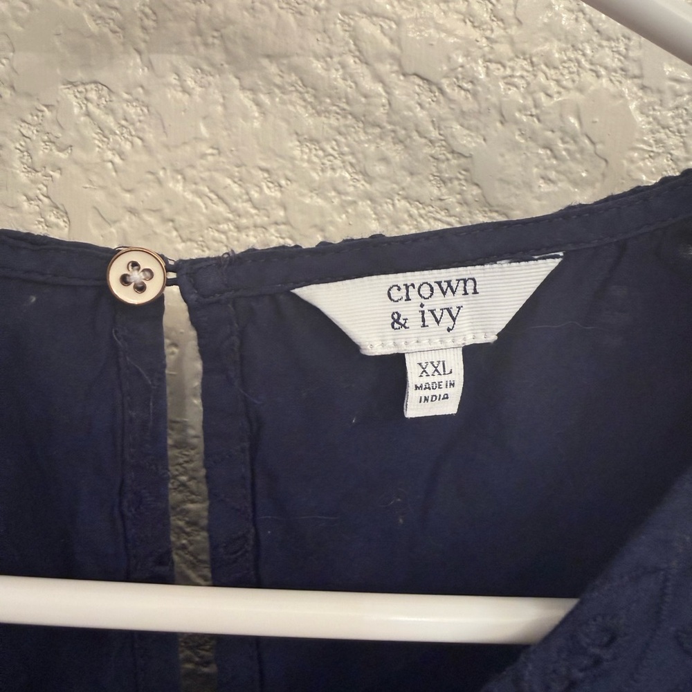 Navy Blue 100% Cotton Eyelet Blouse by Crown & Ivory-Boho Flutter Sleeve XXL - Picture 10 of 17